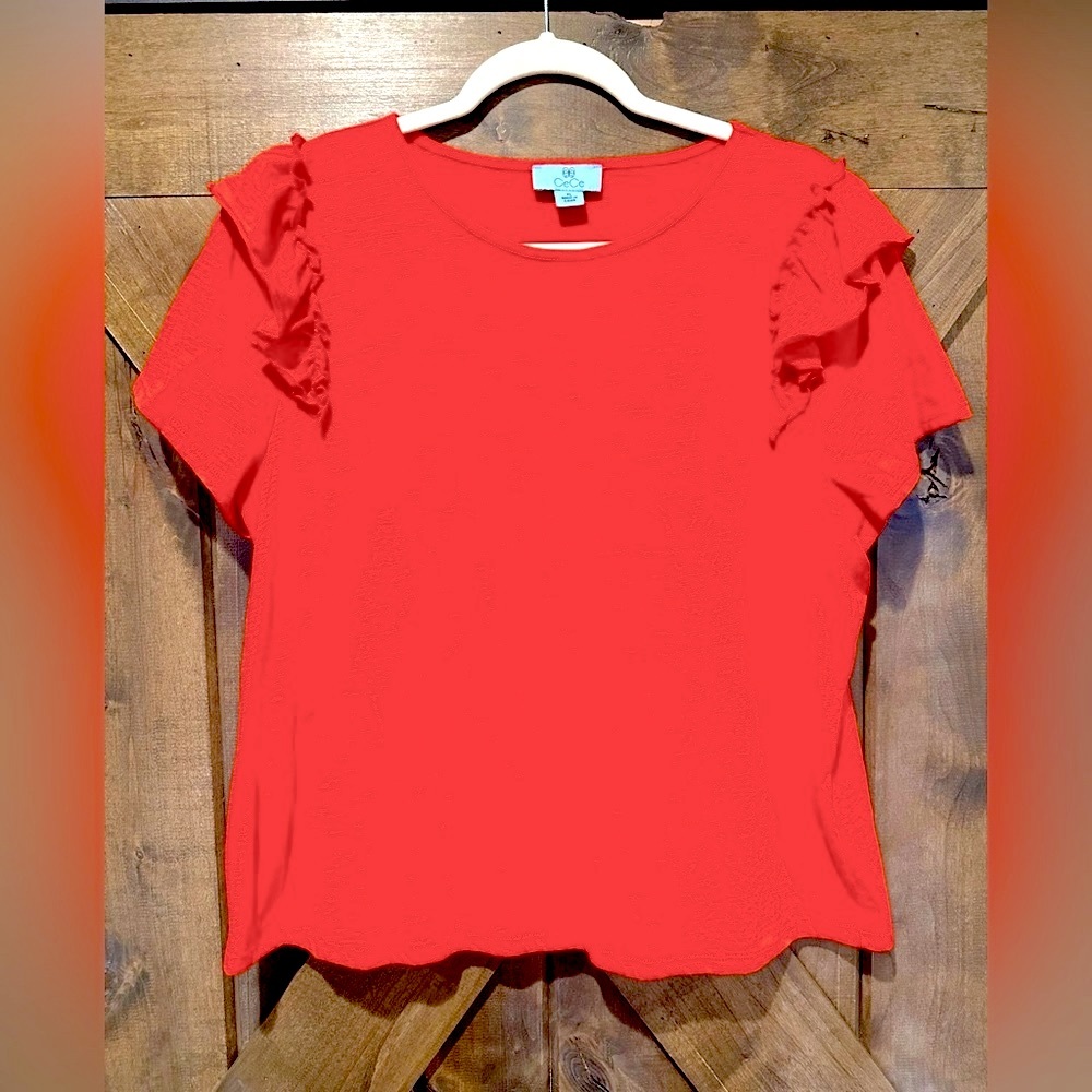 EUC CeCe Red Short Ruffle Sleeve Top Sz XL